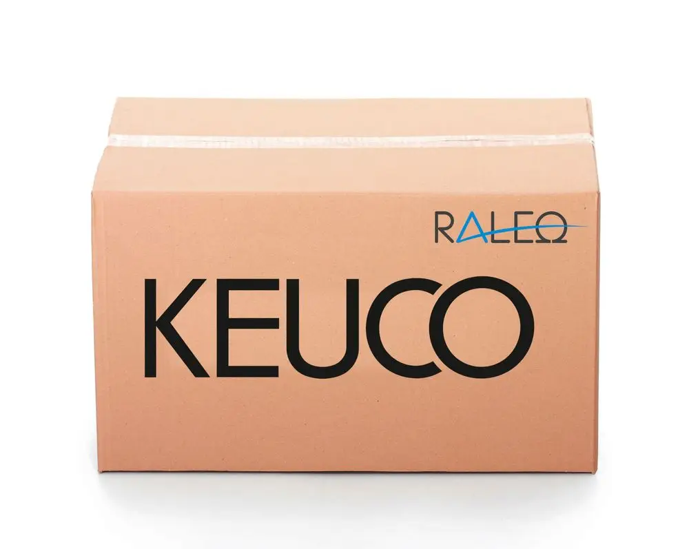 Karton mit dem Logo von Keuco, auf der Vorderseite ist der Schriftzug "KEUCO" prominent platziert. Der Karton hat eine beige Farbe und ist verschlossen.